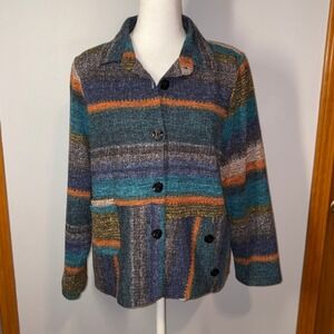 Trisha Tyler Knit Jacket Blue Orange Multi Striped Button Front‎ blazer Funky
